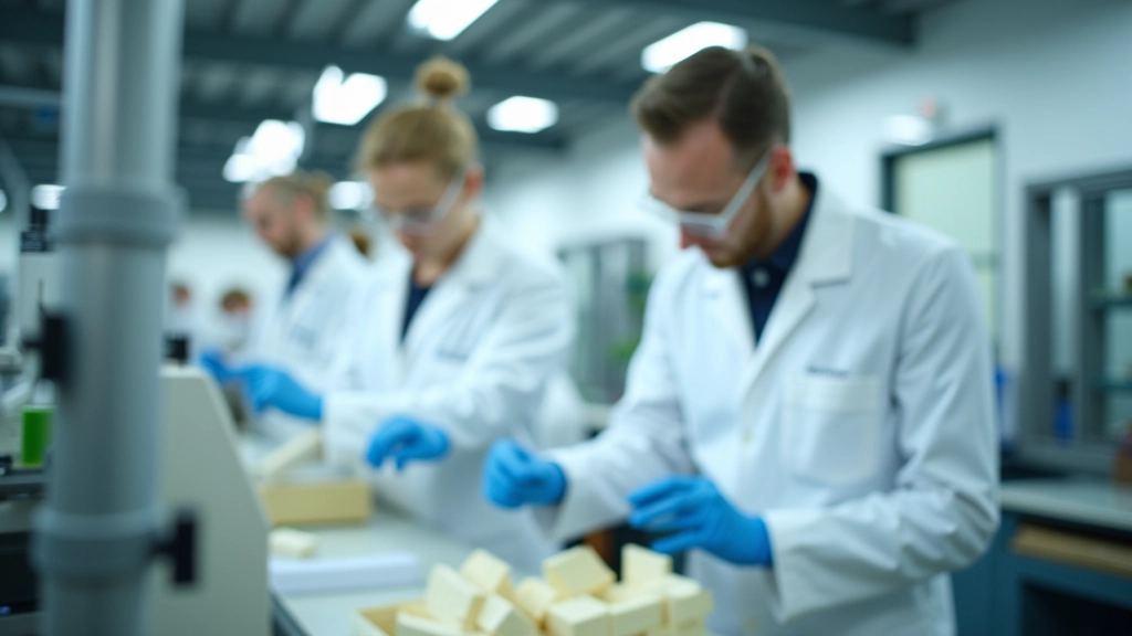 Modernus iepakojuma dizainu laboratoriju telpas ar zinātniekiem, kuri izstrādā jaunus bionoārdāmos materiālus