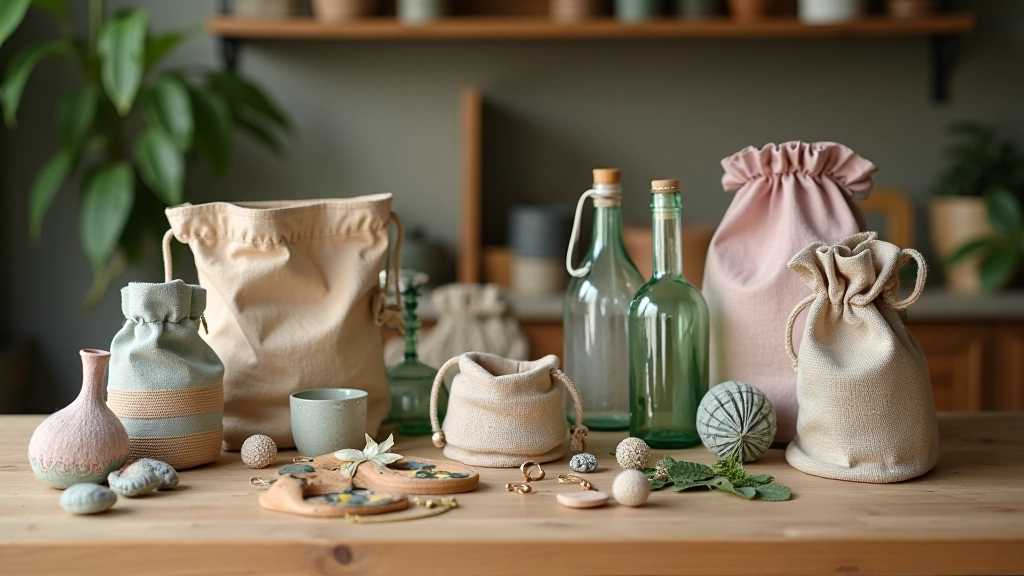 Dažādi upcikling produkti uz koka galda — maisiņi, rotaslietas, dekorācijas, izgatavoti no auduma, plastmasas un metāla atliekām